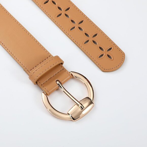 Women Leather Wide Fashion Thick Dress Belt With Gold Buckle Belt Hollow Beige - Picture 3 of 6